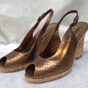 Via Spiga Snake Print Bronze Metallic Cork Wedge